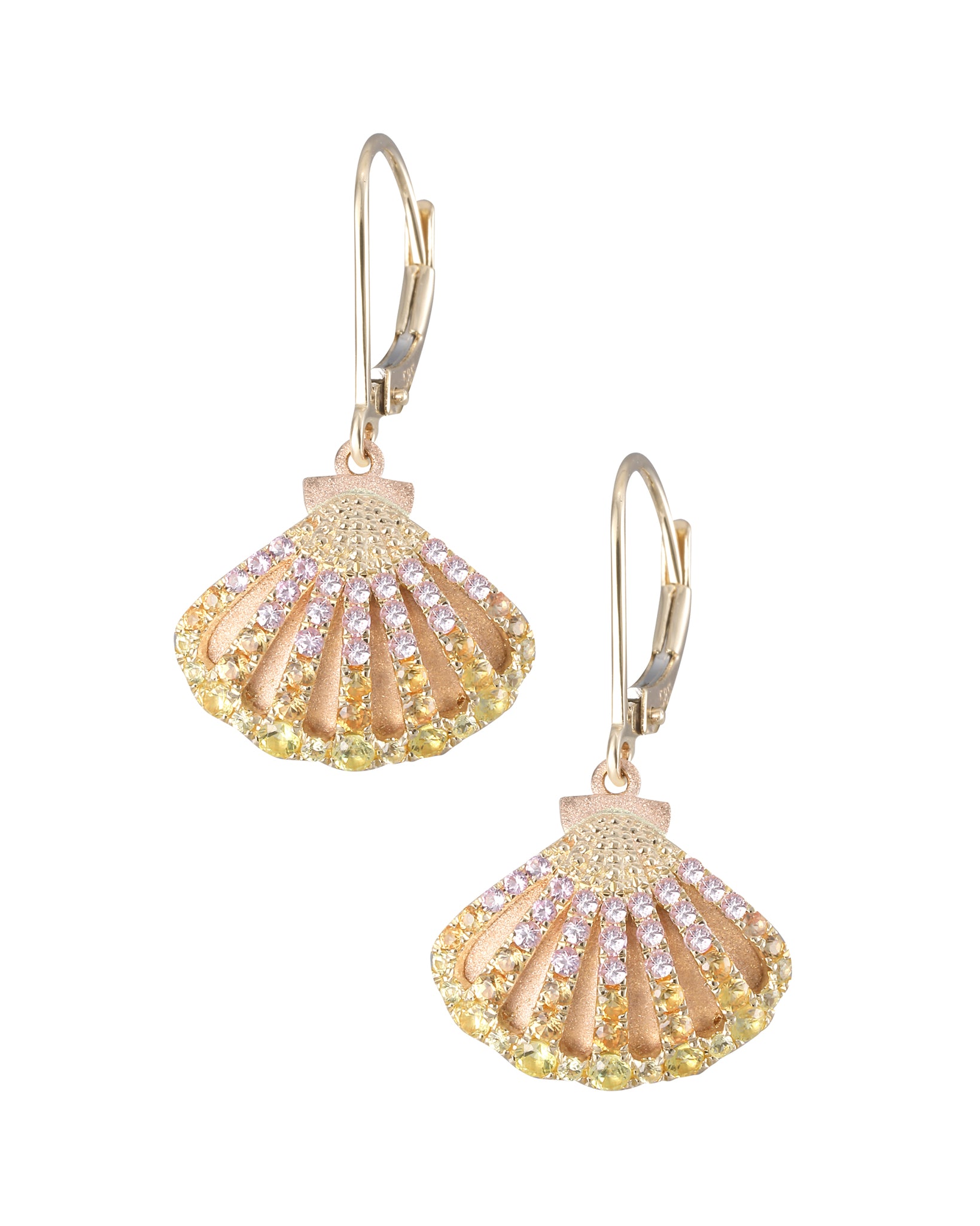 EARRING 14K 2/TONE SUNRISE SHELL(SMALL) W/96 COLORED SAPPHIRES LEVER BACK
