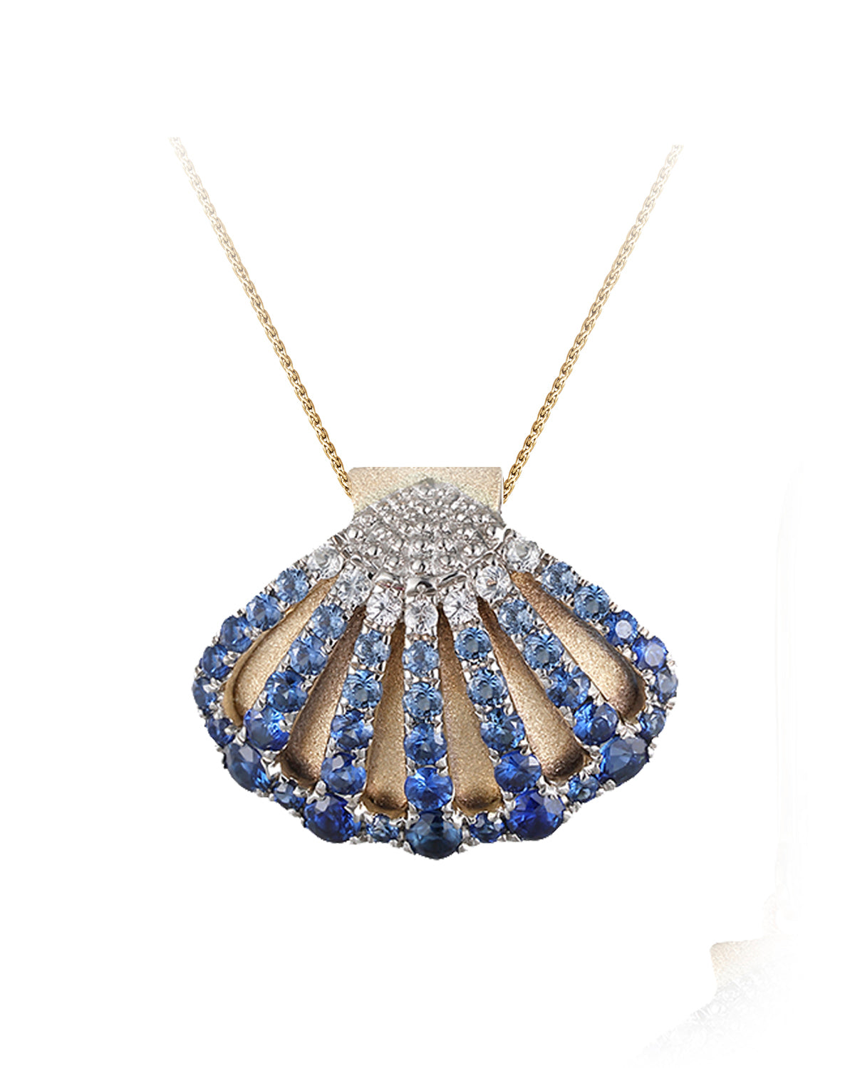 PENDANT 14K 2/TONE  SUNRISE SHELL MEDIUM W/ 64 BLUE SAPPHIRE.90CT