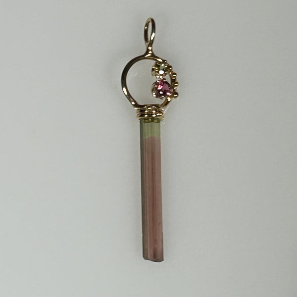 Pendant California 1 1/2” Bi Color “Watermelon” Tourmaline 2 stones 14K