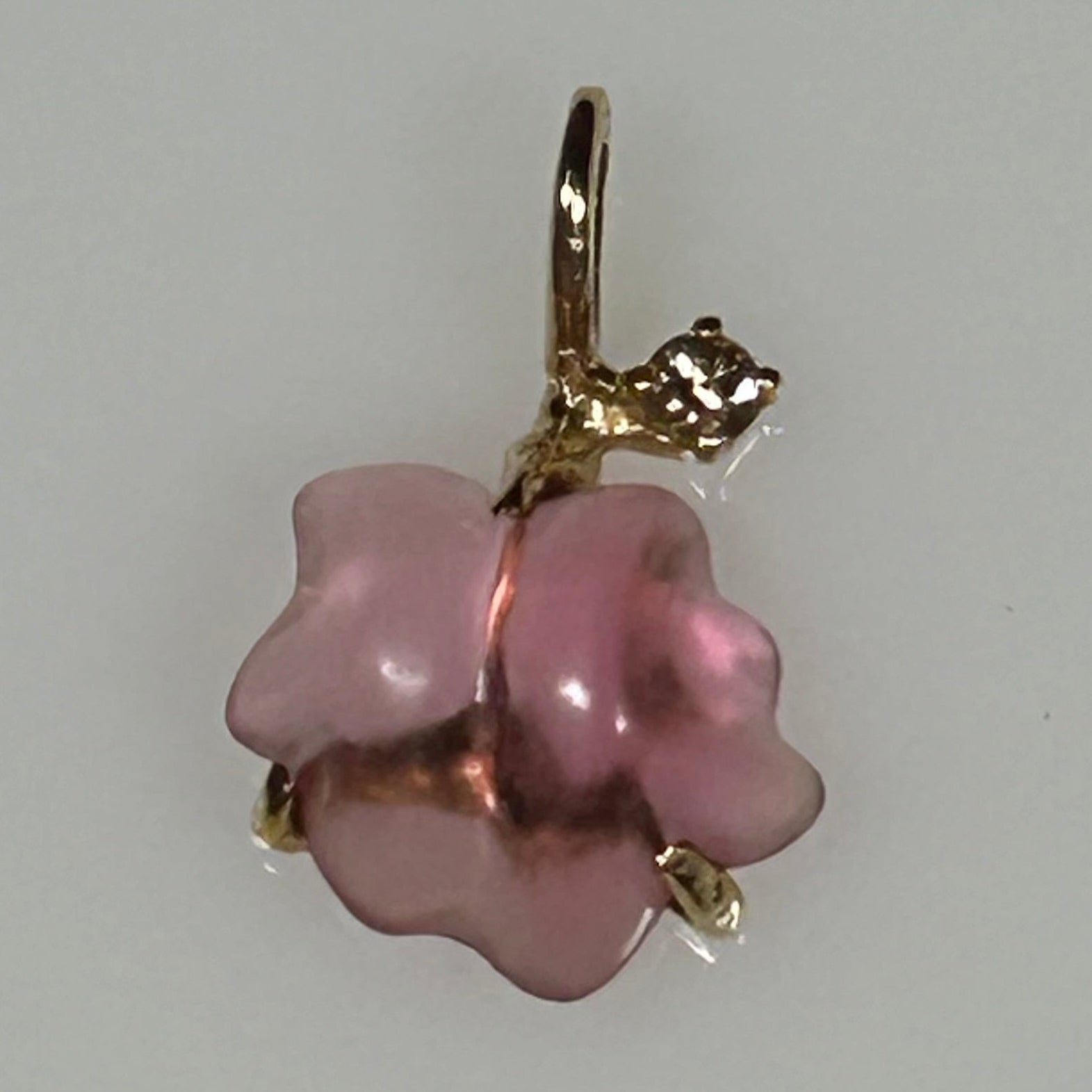 Pendant Carved California Pink Tourmaline Diamond 14K