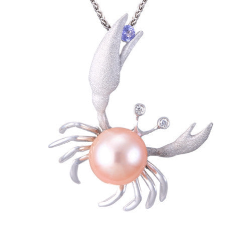 Pendant Crab Peach Pearl Diamonds Tanzanite