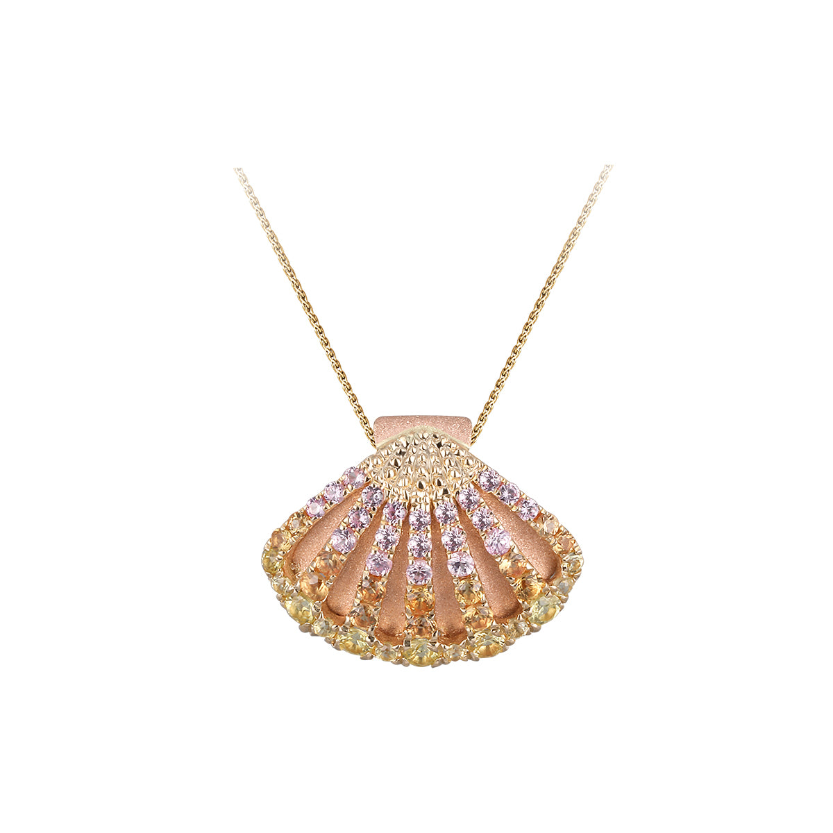 PENDANT 14K 2/TONE SHELL PENDANT(SMALL) W/48 COLORED SAPPHIRES .53CT