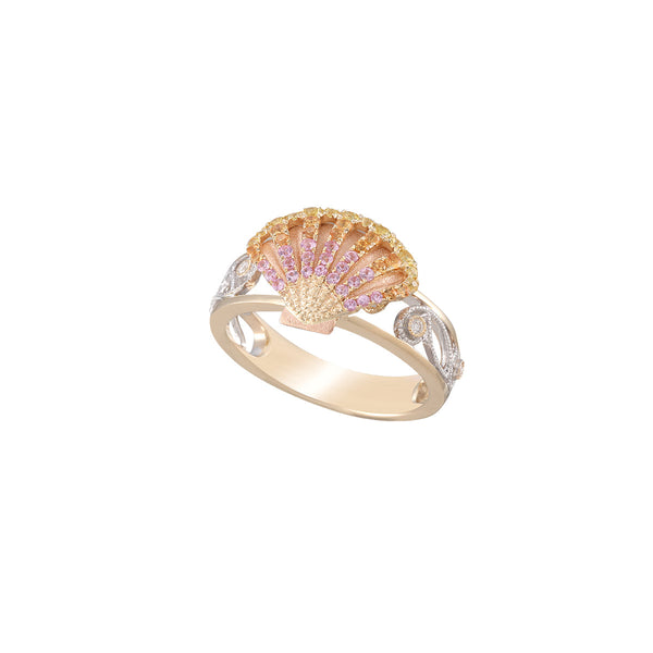 RING SUNRISE SHELL 14K 3/TONE 4D.03CT/48 COLORED SAPPHIRES .53CT