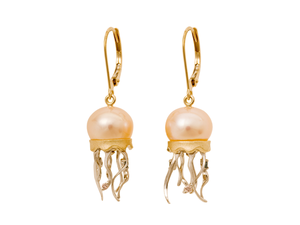 Yellow Gold Jellyfish and Peach Fresh Water Cultured Pearl Earrings