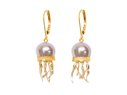 Yellow Gold Jellyfish and Lavender Fresh Water Cultured Pearl Earrings