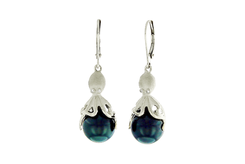 White Gold and Peacock Tahitian Pearl Octopus Earrings