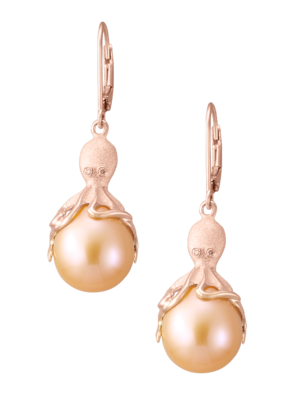 Rose Gold Octopus Leverback Earrings with Fresh Water Cultured Peach Pearl