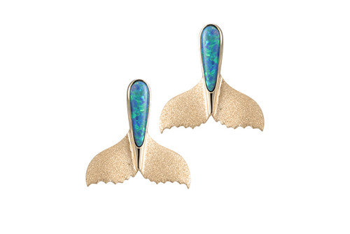 Yellow Gold Whale Tail Earrings with Opal