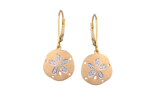 Yellow Gold and Diamond Lever Back Sand Dollar Earrings