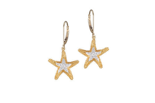 16mm Yellow Gold Starfish Lever Back Earrings with Diamonds