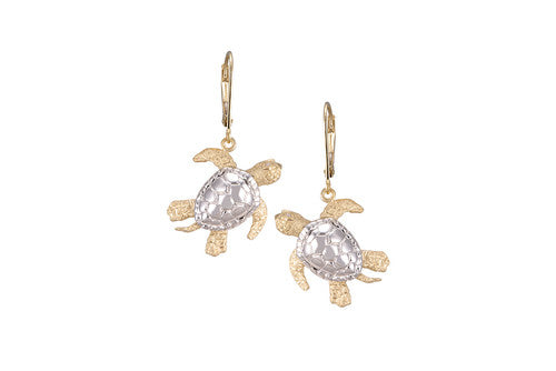 White and Yellow Gold Lever Back Turtle Earrings with Diamonds