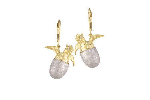 White and Yellow Gold Hatching Turtle Lever Back Earrings
