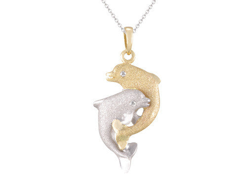 White and Yellow Gold 2 Dolphins Pendant with Diamonds