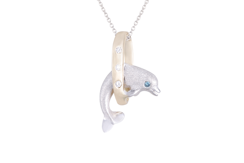 15mm White and Yellow Gold Dolphin in Hoop Pendant with Diamonds