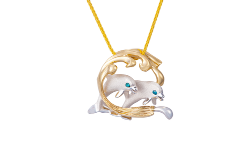 White and Yellow Gold 2 Dolphins in Hoop Pendant