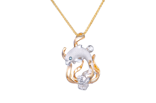 Yellow and White Gold Dolphin Pendant with Diamonds