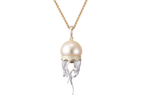 Pendant 14k 2/tone Jellyfish and Peach Fresh Water Cultured Pearl Pendant Diamonds