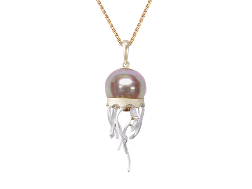 White Gold Jellyfish and Peacock Fresh Water Cultured Pearl Pendant