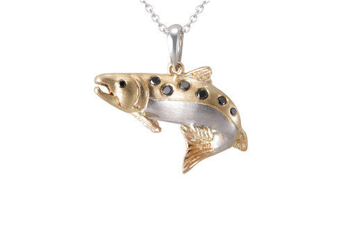 24mm White and Yellow Gold Salmon Pendant with Black Diamonds