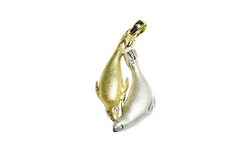20mm White and Yellow Gold 2 Seals Pendant with Diamonds