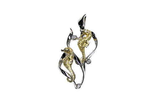 22mm Yellow and White Gold 2 Seahorse Pendant with Diamonds