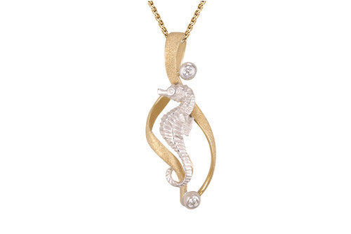 22mm White and Yellow Gold Seahorse Pendant with Diamonds
