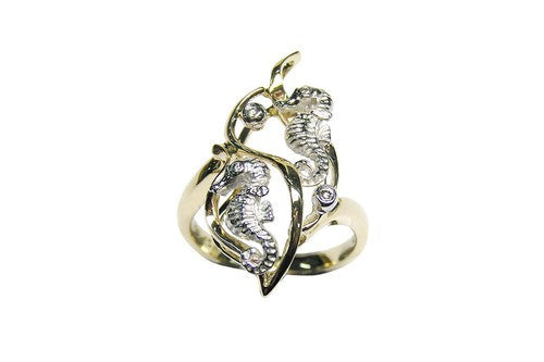 22mm White and Yellow Gold Seahorse Ring with Diamonds