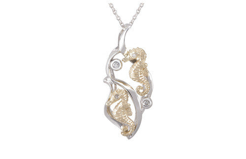 12mm Yellow and White Gold 2 Seahorses Pendant with Diamonds