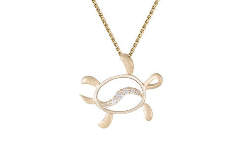 30mm See-through Yellow Gold Turtle Pendant with white Sapphires