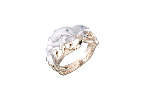 White and Yellow Gold 2 Dolphins Ring