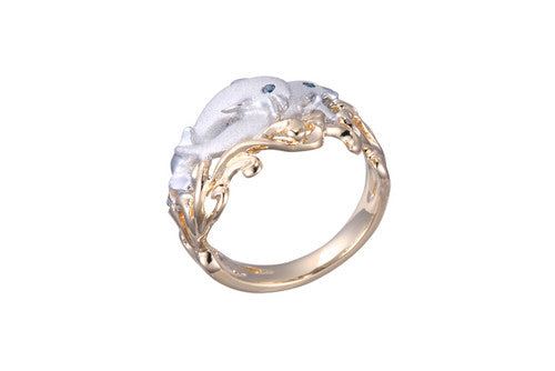 15mm White and Yellow Gold Dolphin Ring with Blue Diamonds