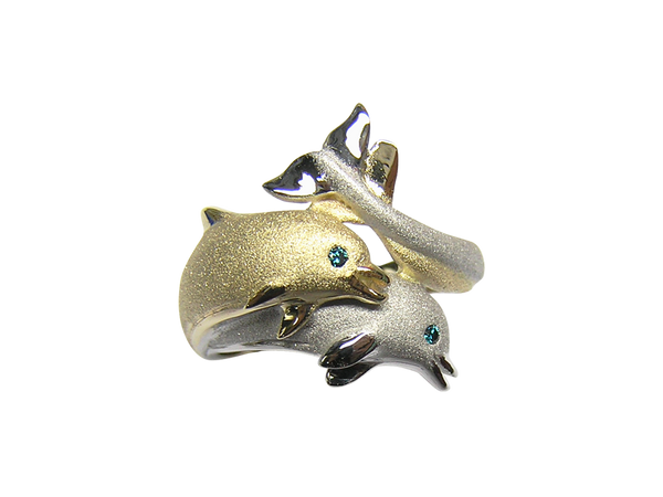 20mm White and Yellow Gold Dolphin Ring with Blue Diamonds
