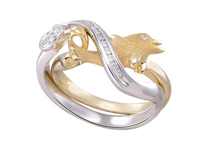 15mm White and Yellow Gold Dolphin Ring with Diamonds