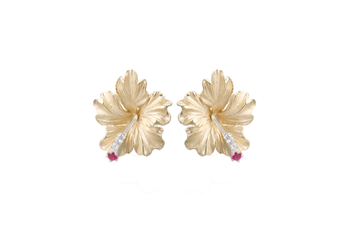 Yellow Gold Hibiscus Earrings with Diamonds and Rubies