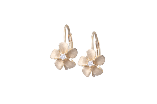 8mm Yellow Gold Plumeria Lever Back Earrings with Diamonds