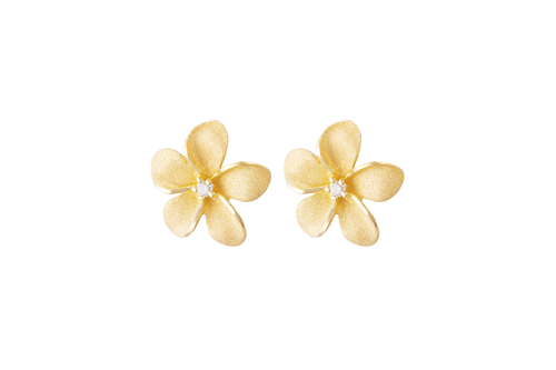 **Yellow Gold Plumeria Earrings with Diamonds