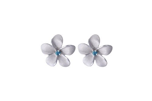 Earrings 14k wg Plumeria with Blue Diamond
