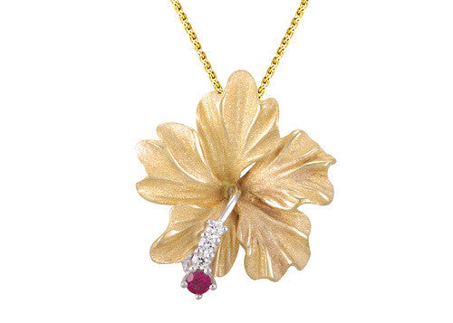 PENDANT 14KY Hibiscus 20MM  with Diamonds and Ruby
