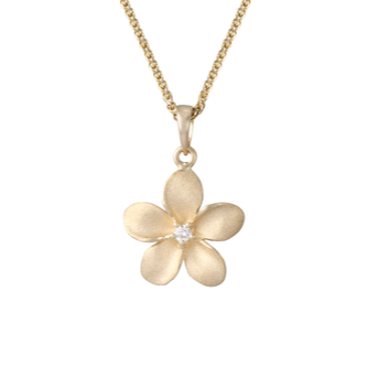 PENDANT PLUMERIA 15mm 14K W G W SAND BLAST FINISH W DIA .04CT I