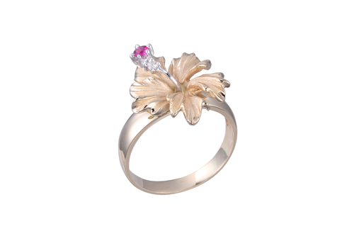 Yellow Gold Hibiscus Ring with Diamonds and Ruby