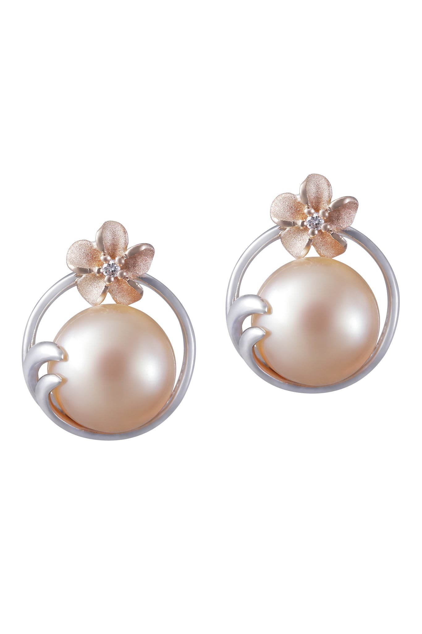 Plumeria and 9-9.5mm Peach Fresh Water Cultured Pearl Earrings