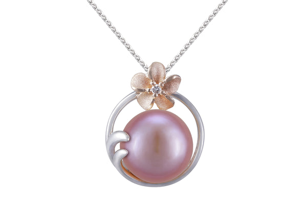 Plumeria and 9-9.5mm Pink Fresh Water Cultured Pearl Pendant