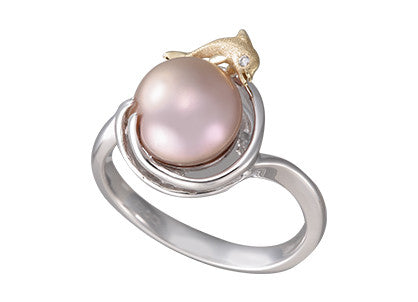 **Dolphin and Pink Fresh Water Cultured Pearl Ring