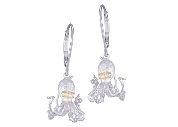 17mm Silver and Yellow Gold Lever Back Octopus Earrings