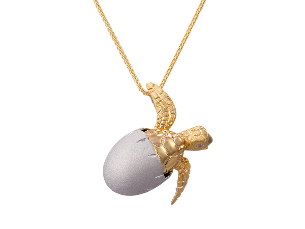 Yellow Gold Turtle Hatchling in White Gold Egg with Diamond Eyes
